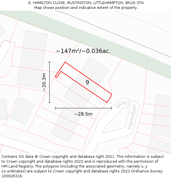 9, HAMILTON CLOSE, RUSTINGTON, LITTLEHAMPTON, BN16 3TN: Plot and title map