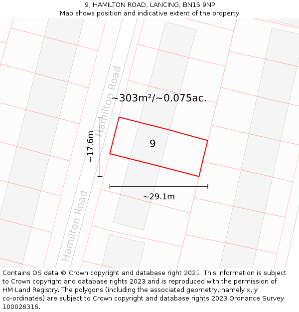9, HAMILTON ROAD, LANCING, BN15 9NP: Plot and title map