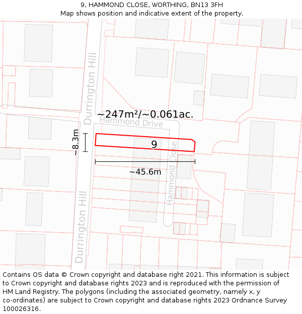 9, HAMMOND CLOSE, WORTHING, BN13 3FH: Plot and title map