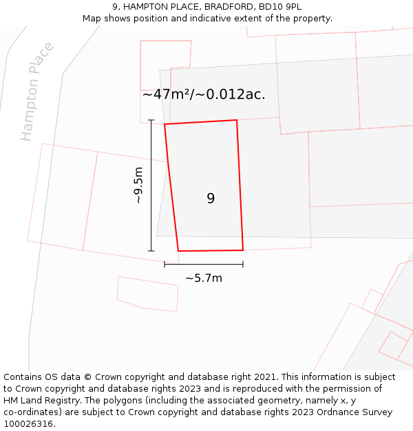 9, HAMPTON PLACE, BRADFORD, BD10 9PL: Plot and title map