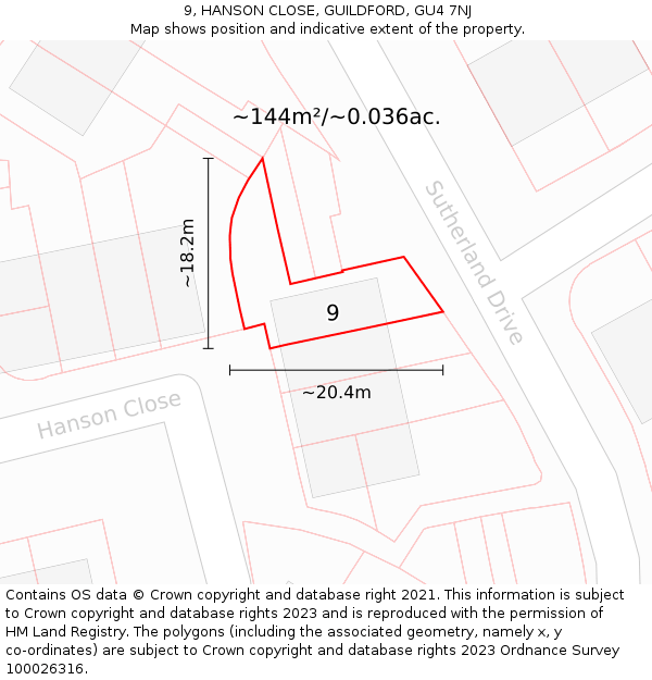 9, HANSON CLOSE, GUILDFORD, GU4 7NJ: Plot and title map
