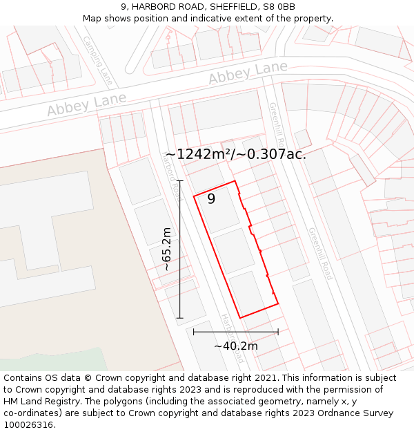 9, HARBORD ROAD, SHEFFIELD, S8 0BB: Plot and title map