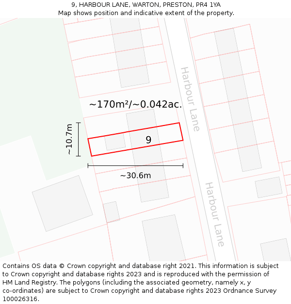 9, HARBOUR LANE, WARTON, PRESTON, PR4 1YA: Plot and title map