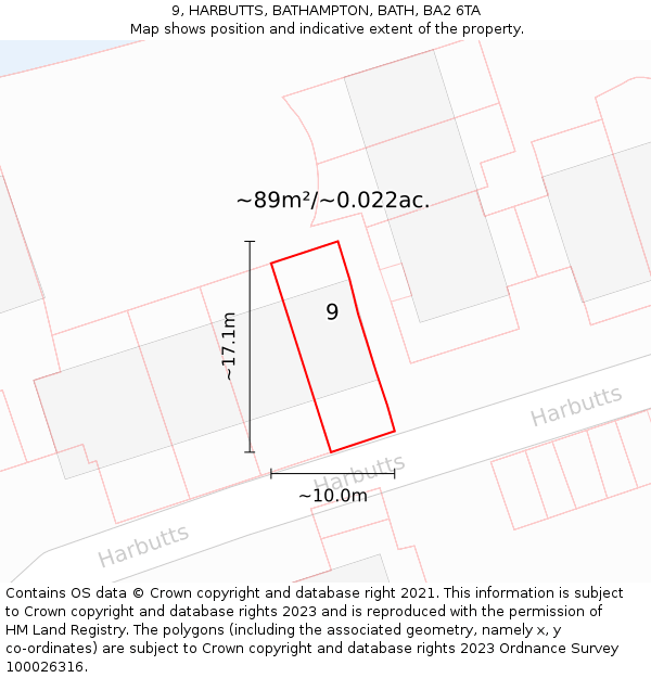 9, HARBUTTS, BATHAMPTON, BATH, BA2 6TA: Plot and title map
