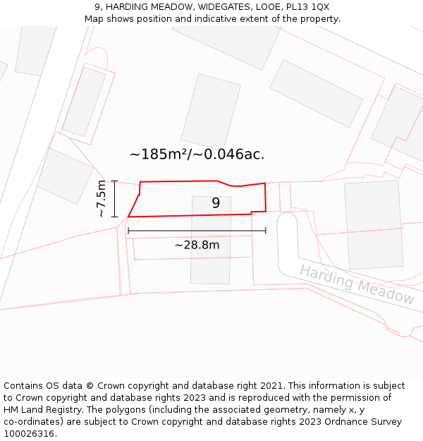9, HARDING MEADOW, WIDEGATES, LOOE, PL13 1QX: Plot and title map