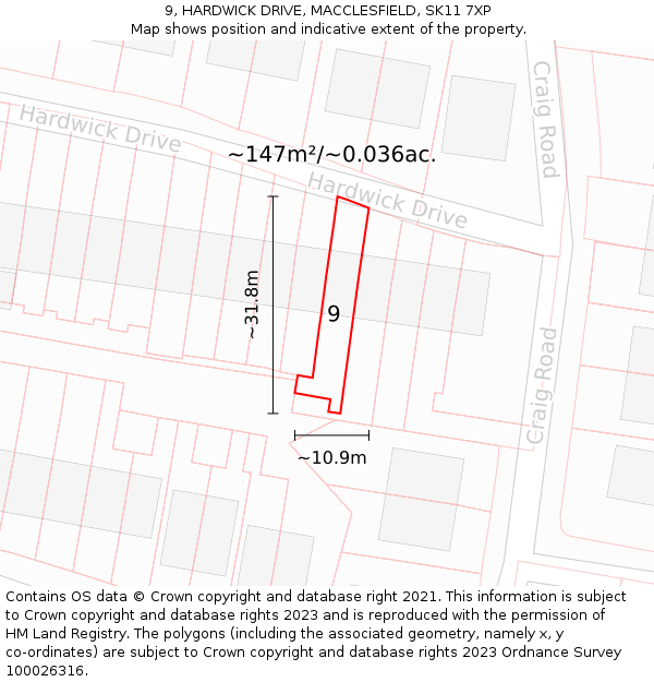 9, HARDWICK DRIVE, MACCLESFIELD, SK11 7XP: Plot and title map