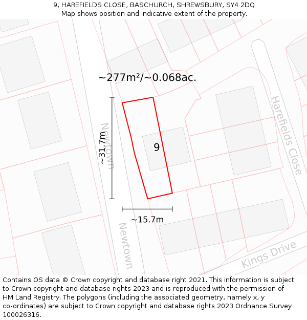 9, HAREFIELDS CLOSE, BASCHURCH, SHREWSBURY, SY4 2DQ: Plot and title map