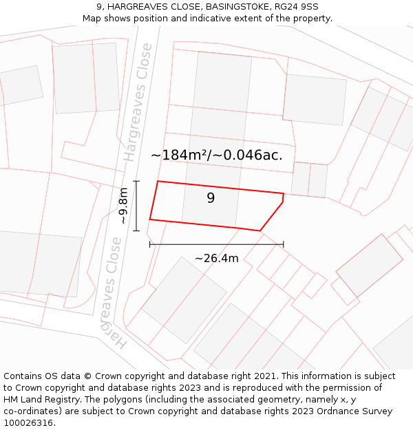 9, HARGREAVES CLOSE, BASINGSTOKE, RG24 9SS: Plot and title map