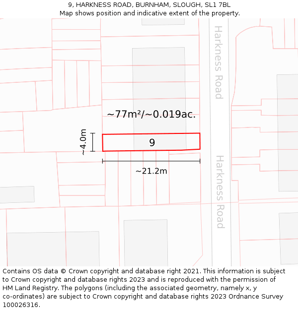 9, HARKNESS ROAD, BURNHAM, SLOUGH, SL1 7BL: Plot and title map