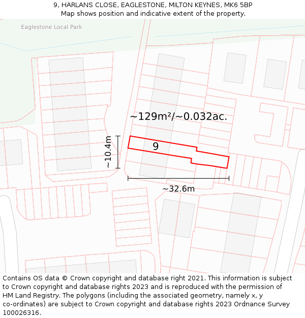 9, HARLANS CLOSE, EAGLESTONE, MILTON KEYNES, MK6 5BP: Plot and title map