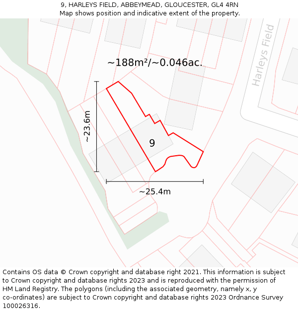 9, HARLEYS FIELD, ABBEYMEAD, GLOUCESTER, GL4 4RN: Plot and title map