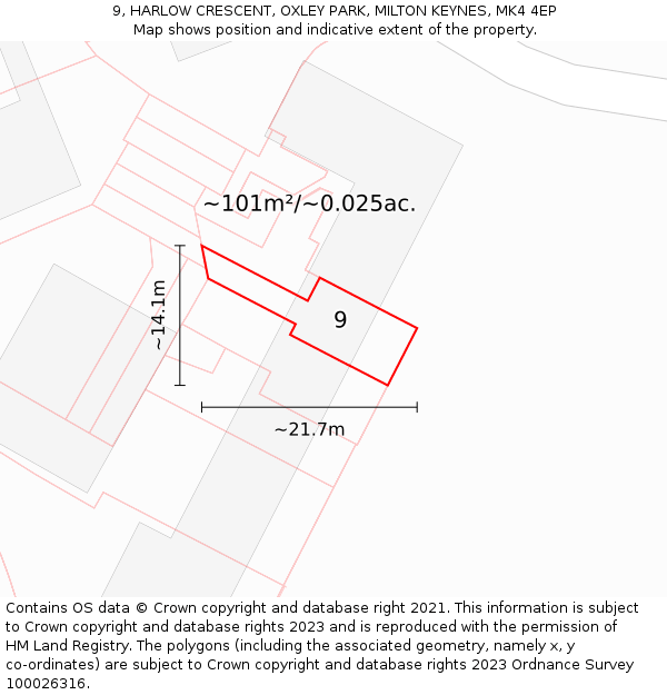 9, HARLOW CRESCENT, OXLEY PARK, MILTON KEYNES, MK4 4EP: Plot and title map