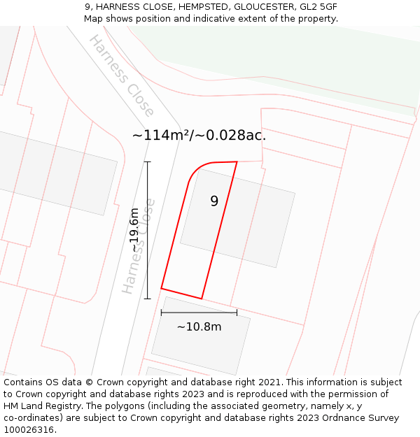 9, HARNESS CLOSE, HEMPSTED, GLOUCESTER, GL2 5GF: Plot and title map