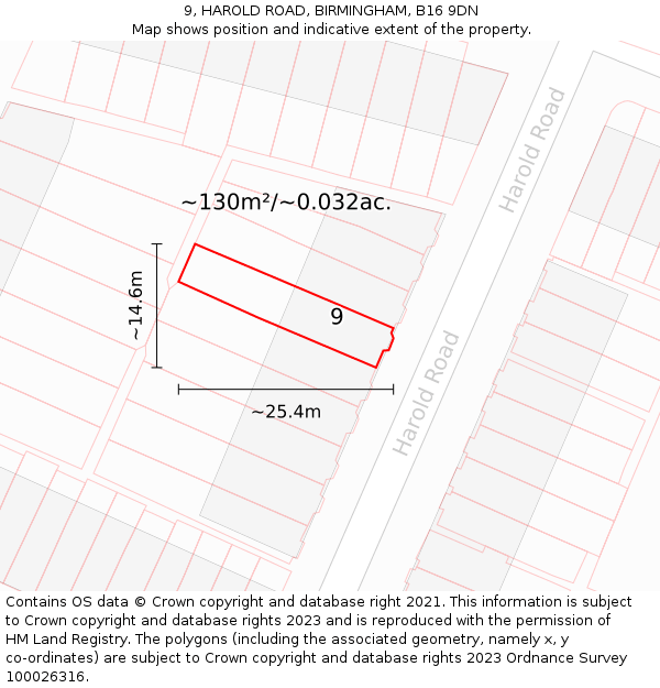 9, HAROLD ROAD, BIRMINGHAM, B16 9DN: Plot and title map