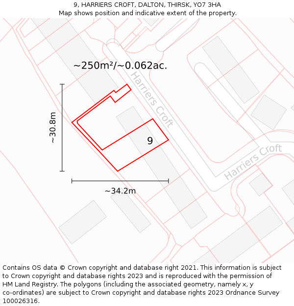 9, HARRIERS CROFT, DALTON, THIRSK, YO7 3HA: Plot and title map