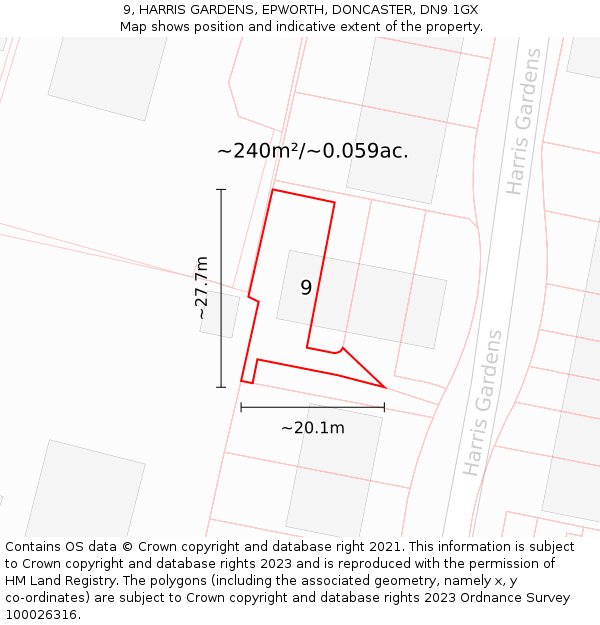 9, HARRIS GARDENS, EPWORTH, DONCASTER, DN9 1GX: Plot and title map