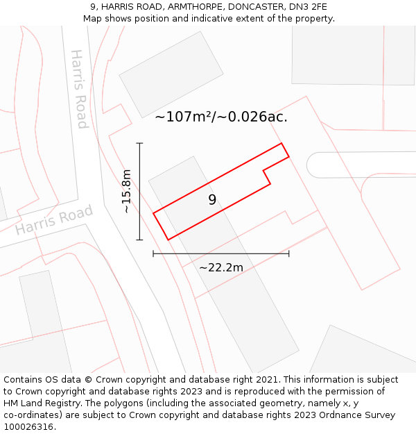 9, HARRIS ROAD, ARMTHORPE, DONCASTER, DN3 2FE: Plot and title map