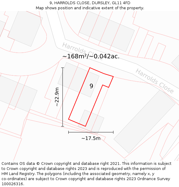 9, HARROLDS CLOSE, DURSLEY, GL11 4FD: Plot and title map