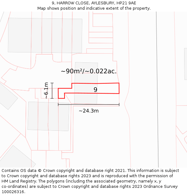 9, HARROW CLOSE, AYLESBURY, HP21 9AE: Plot and title map