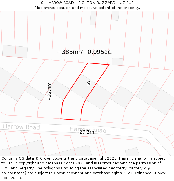 9, HARROW ROAD, LEIGHTON BUZZARD, LU7 4UF: Plot and title map
