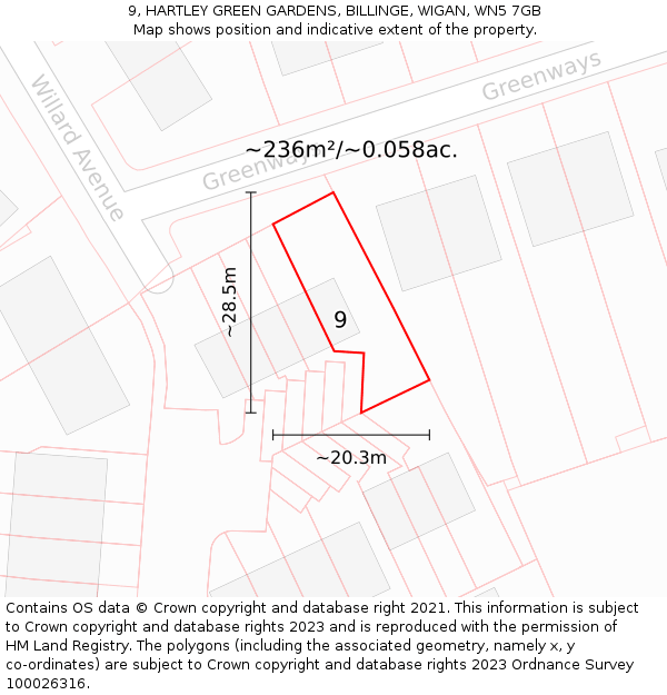 9, HARTLEY GREEN GARDENS, BILLINGE, WIGAN, WN5 7GB: Plot and title map