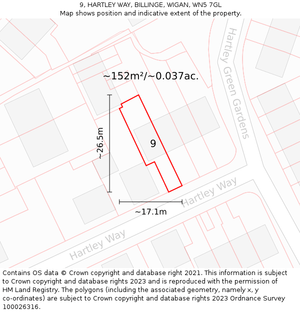9, HARTLEY WAY, BILLINGE, WIGAN, WN5 7GL: Plot and title map