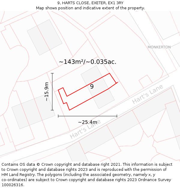 9, HARTS CLOSE, EXETER, EX1 3RY: Plot and title map