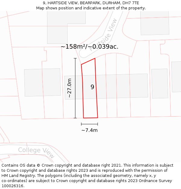 9, HARTSIDE VIEW, BEARPARK, DURHAM, DH7 7TE: Plot and title map