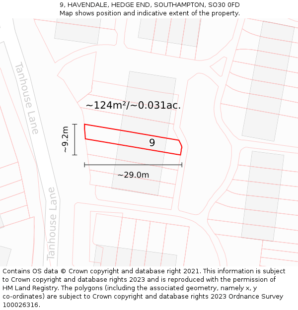 9, HAVENDALE, HEDGE END, SOUTHAMPTON, SO30 0FD: Plot and title map