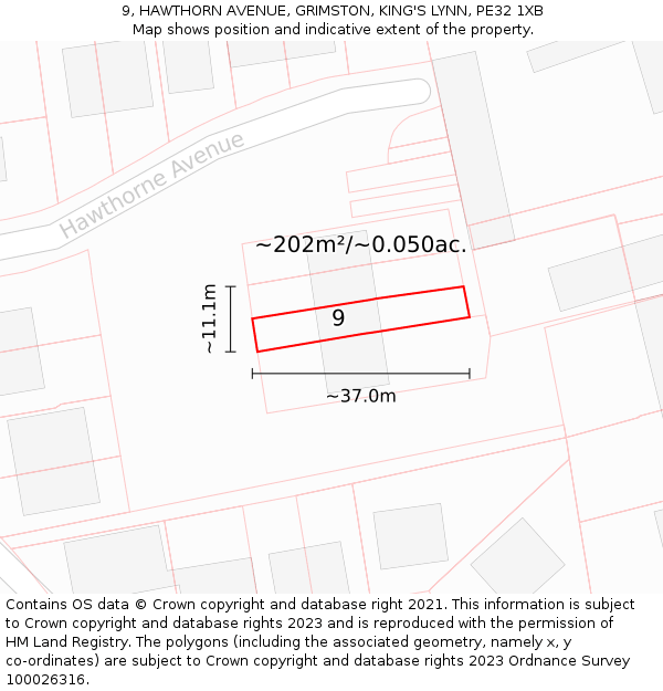 9, HAWTHORN AVENUE, GRIMSTON, KING'S LYNN, PE32 1XB: Plot and title map