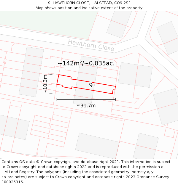 9, HAWTHORN CLOSE, HALSTEAD, CO9 2SF: Plot and title map