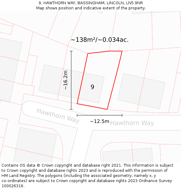 9, HAWTHORN WAY, BASSINGHAM, LINCOLN, LN5 9NR: Plot and title map