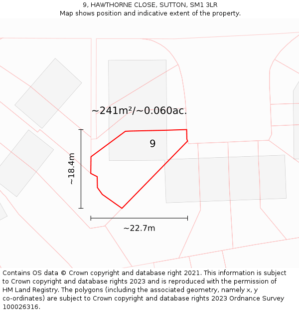 9, HAWTHORNE CLOSE, SUTTON, SM1 3LR: Plot and title map