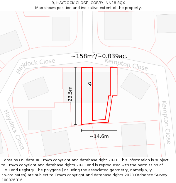 9, HAYDOCK CLOSE, CORBY, NN18 8QX: Plot and title map