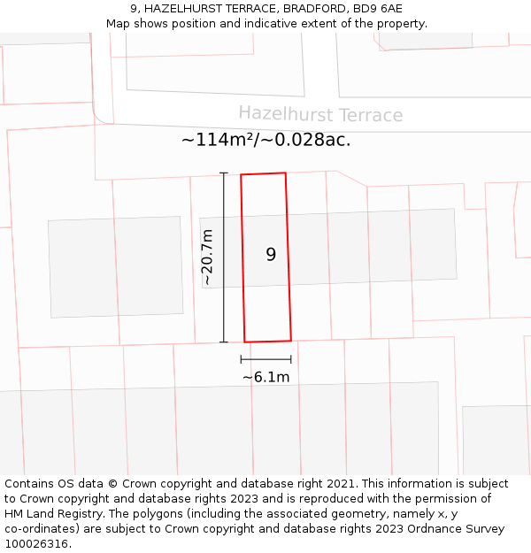 9, HAZELHURST TERRACE, BRADFORD, BD9 6AE: Plot and title map