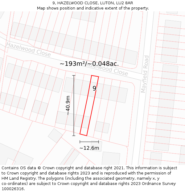 9, HAZELWOOD CLOSE, LUTON, LU2 8AR: Plot and title map