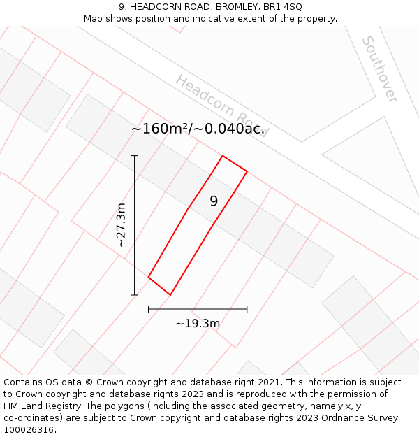 9, HEADCORN ROAD, BROMLEY, BR1 4SQ: Plot and title map