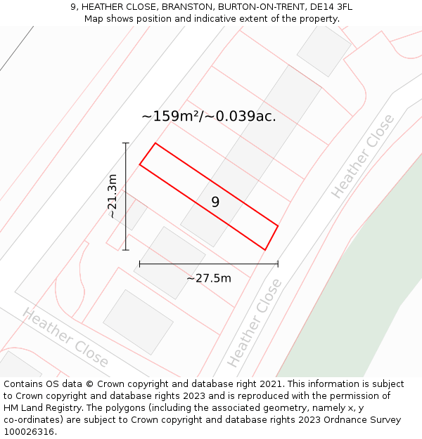 9, HEATHER CLOSE, BRANSTON, BURTON-ON-TRENT, DE14 3FL: Plot and title map