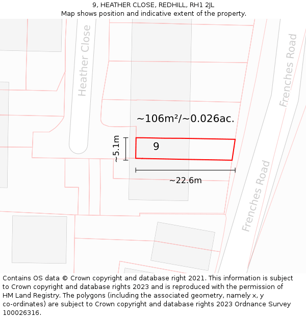 9, HEATHER CLOSE, REDHILL, RH1 2JL: Plot and title map