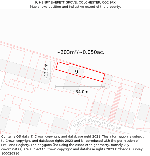 9, HENRY EVERETT GROVE, COLCHESTER, CO2 9FX: Plot and title map