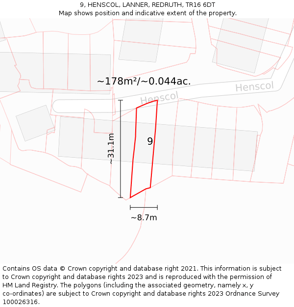 9, HENSCOL, LANNER, REDRUTH, TR16 6DT: Plot and title map