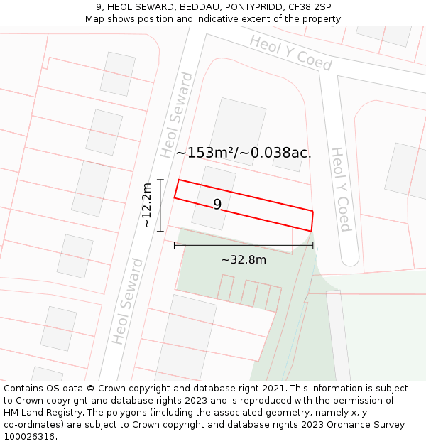 9, HEOL SEWARD, BEDDAU, PONTYPRIDD, CF38 2SP: Plot and title map