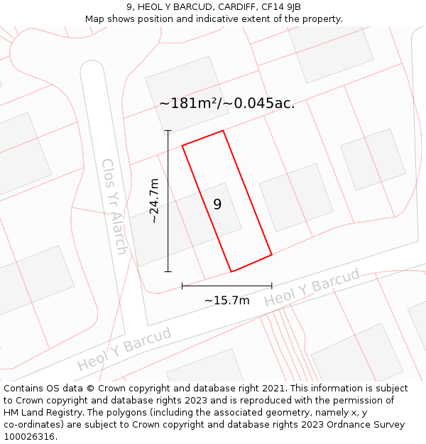 9, HEOL Y BARCUD, CARDIFF, CF14 9JB: Plot and title map