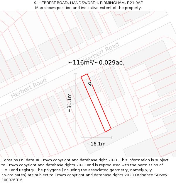 9, HERBERT ROAD, HANDSWORTH, BIRMINGHAM, B21 9AE: Plot and title map