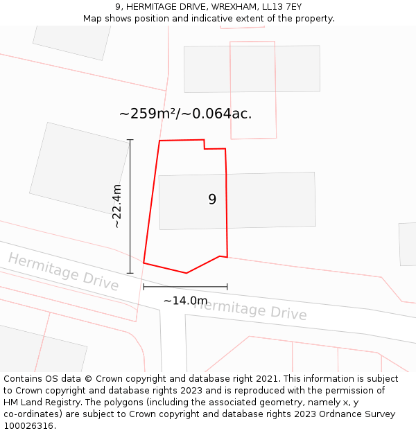 9, HERMITAGE DRIVE, WREXHAM, LL13 7EY: Plot and title map