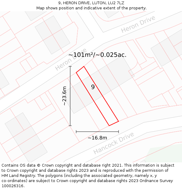 9, HERON DRIVE, LUTON, LU2 7LZ: Plot and title map