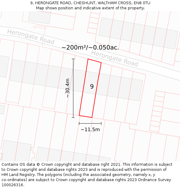 9, HERONGATE ROAD, CHESHUNT, WALTHAM CROSS, EN8 0TU: Plot and title map