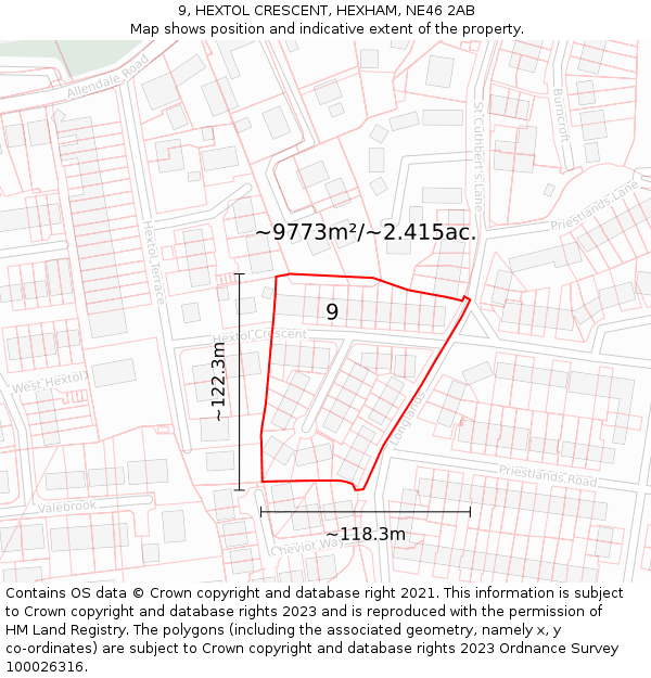 9, HEXTOL CRESCENT, HEXHAM, NE46 2AB: Plot and title map