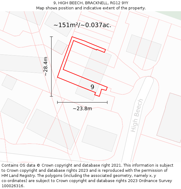 9, HIGH BEECH, BRACKNELL, RG12 9YY: Plot and title map
