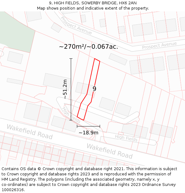 9, HIGH FIELDS, SOWERBY BRIDGE, HX6 2AN: Plot and title map